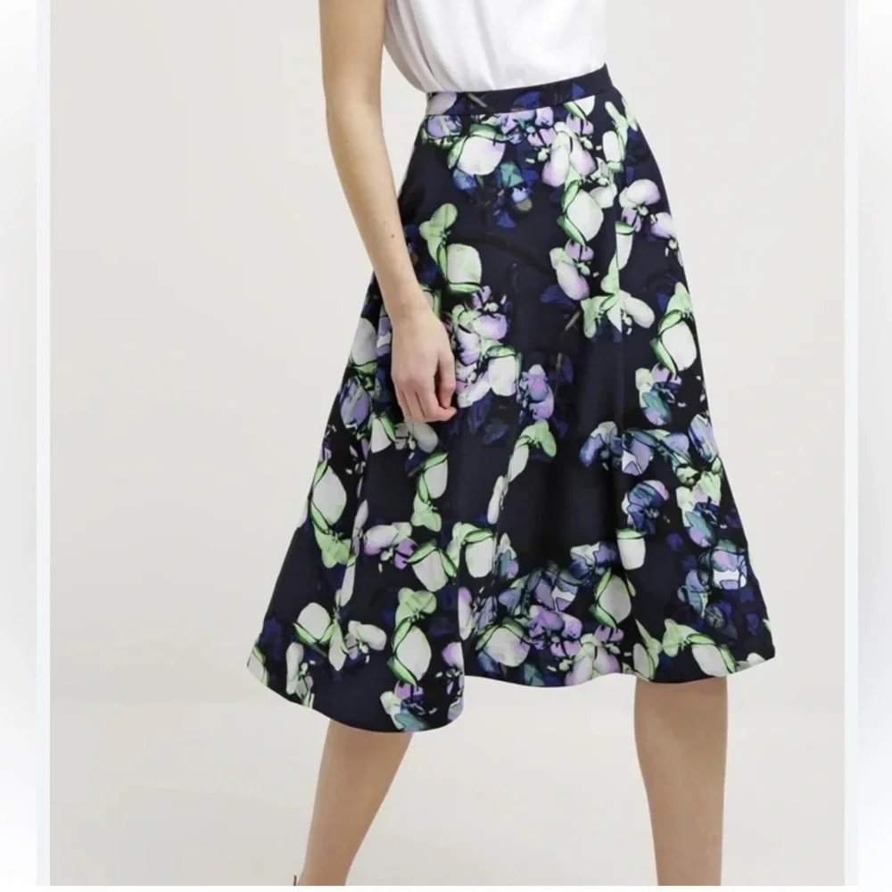Banana Republic Floral Watercolor Print Midi Skirt Navy A-Line Career NWT-6